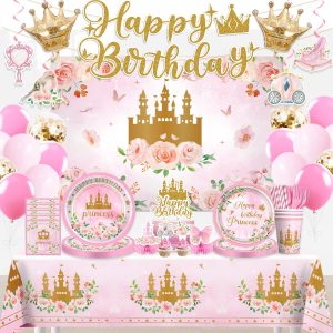 221Pcs Princess Birthday Party Decorations Tableware Set, 25 Serves