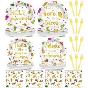 96 Pcs Mexican Fiesta Paper Plates and Napkins Taco Fiesta Party Supplies Mexican Themed De Mayo Dessert Tableware Set Dia De Los Muertos Colorful Themed Party Favors Baby Shower
