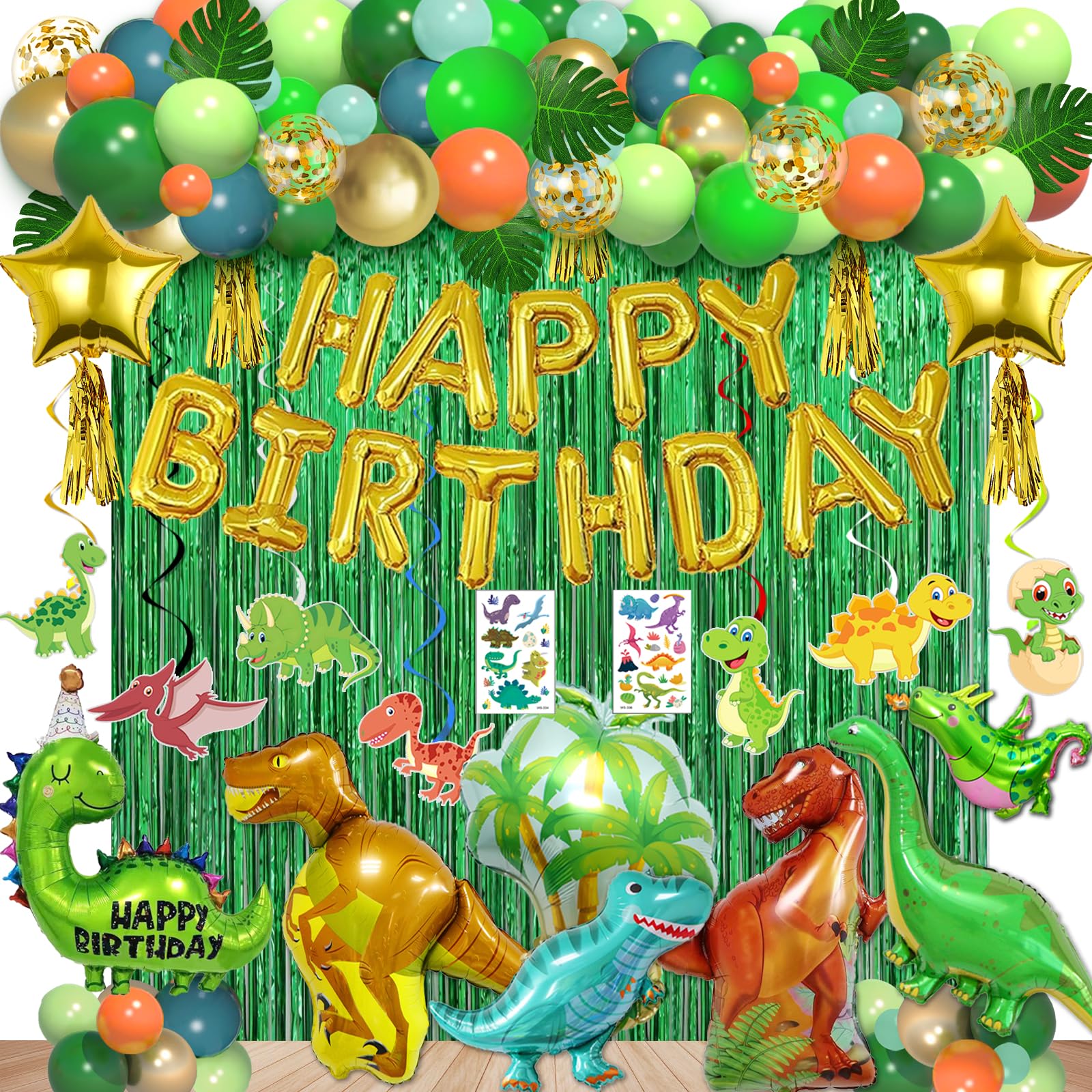 125pcs Dinosaur Birthday Party Decorations, Dinosaur Balloons Arch Garland Kit with Fringe Curtain, Balloons for Party Baby Shower Decorations for Boy Kids