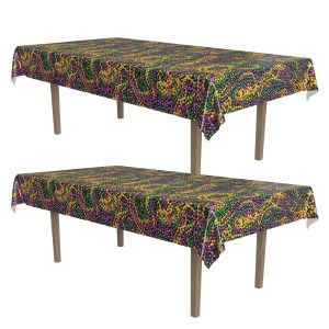 Beistle Mardi Gras Beads Tablecovers, 54” x 108”, 2 Pieces – Plastic Table Cloth, Rectangular Tablecloth, Mardi Gras Decorations, Mardi Gras Party Supplies, Carnival Table Decor