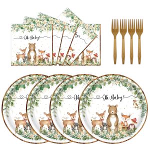 72PCS Woodland Baby Shower Plates and Napkins, Forest Animal Paper Plates and Napkins with Forks Disposable Tableware Set for Boys Girls Safari Jungle Animal Birthday Party Decorations