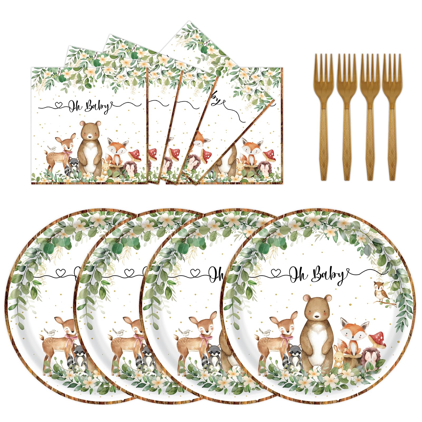 72PCS Woodland Baby Shower Plates and Napkins, Forest Animal Paper Plates and Napkins with Forks Disposable Tableware Set for Boys Girls Safari Jungle Animal Birthday Party Decorations