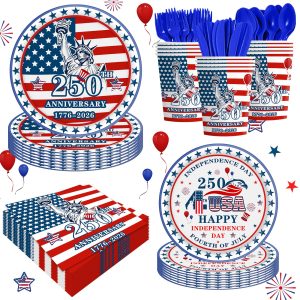 4th of July Party Supplies Set, Patriotic Theme Kit for Independence & Election Day Decorations, Includes Plates, Napkins, Cups, Patriotic & 4th of July Party Decorations-20 Guests (Light Blue)