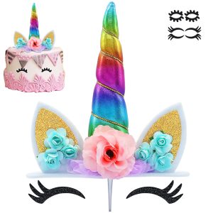 Unicorn Cake Topper Handmade Rainbow Horn Unicorn Cake Topper Happy Birthday Party Decoration Supplies Magic Reusable Cake Toppers with Eyelashes and Stack for Girls Kid Women, 5.8 Inch