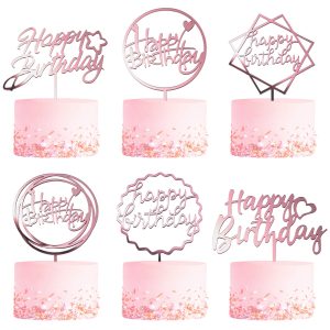 6-Pack Rose Gold Birthday Cake Topper Set, Double-Sided Glitter, Acrylic Happy Birthday Sign Cake Toppers/Cupcake Toppers, Party Decorations Supplies for Girls and Mom.