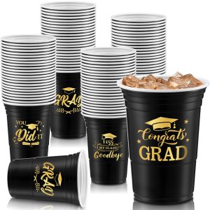 Yinder 48 Pcs Disposable Graduation Party Plastic Cups, 16 oz Graduations Decorations 2026 Grad Stadium Cups, Hot Cold Drinks for Graduation Party Favors (Black and Gold)