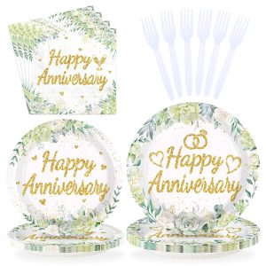 Greencian 96 Pcs Sage Green Happy Anniversary Party Supplies, Serves 24