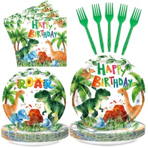Miucat Dinosaur Birthday Decorations, 96Pcs Dinosaur Plates and Napkins Serves 24 Disposable Jungle Dino Party Supplies for Dino Themes Birthday Decorations