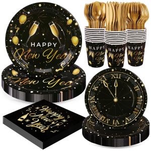 Fighting to Achieve 168pcs Happy New Year Party Supplies, Black and Gold Paper Plates Napkins Cups and Gold Cutlery for 24 Guests, 2027 New Year Disposable Tableware Supplies for Party Decorations