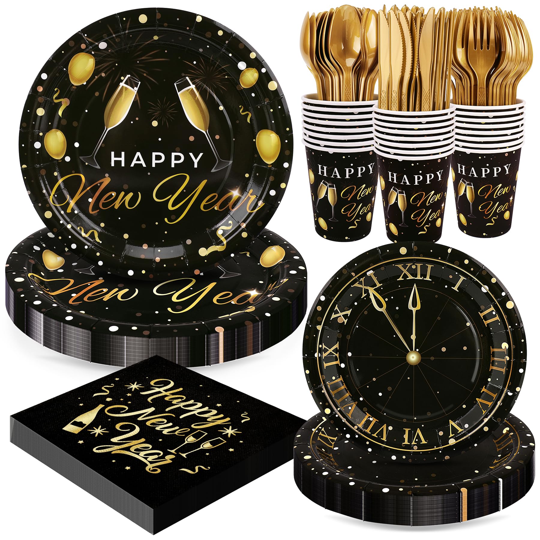 Fighting to Achieve 168pcs Happy New Year Party Supplies, Black and Gold Paper Plates Napkins Cups and Gold Cutlery for 24 Guests, 2027 New Year Disposable Tableware Supplies for Party Decorations
