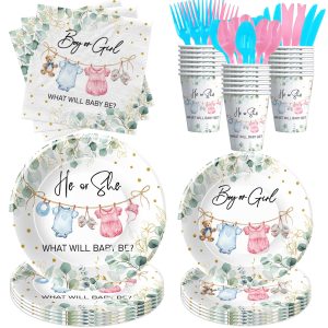 APOWBLS Gender Reveal Decorations, Greenery Baby Clothes Theme, Serves 24