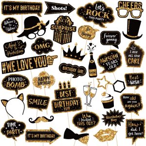 Outus 36 Pcs Birthday Photo Booth Props Set, Gold and Black