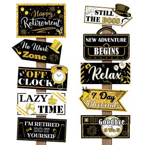 Abilat 20 Pcs Retirement Party Decorations Black and Gold Happy Retirement Banner Sign Retirement Themed Party Supplies for Outdoor Yard Decor Photo Booth Props