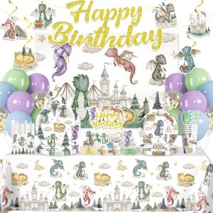 218Pcs Dragon Birthday Party Decorations Tableware Set Serves 25 Guests, Dragon Party Supplies Includes Banner, Backdrop, Plates, Tablecloth, Cake Topper, Cupcake Toppers