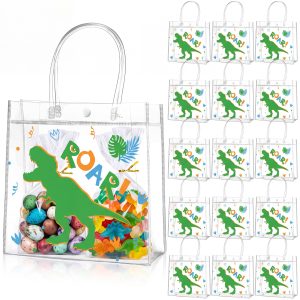 Paterr 20 Pcs Clear Dinosaur Favor Bags with Handles,8 x 8 x 3.15 Inch