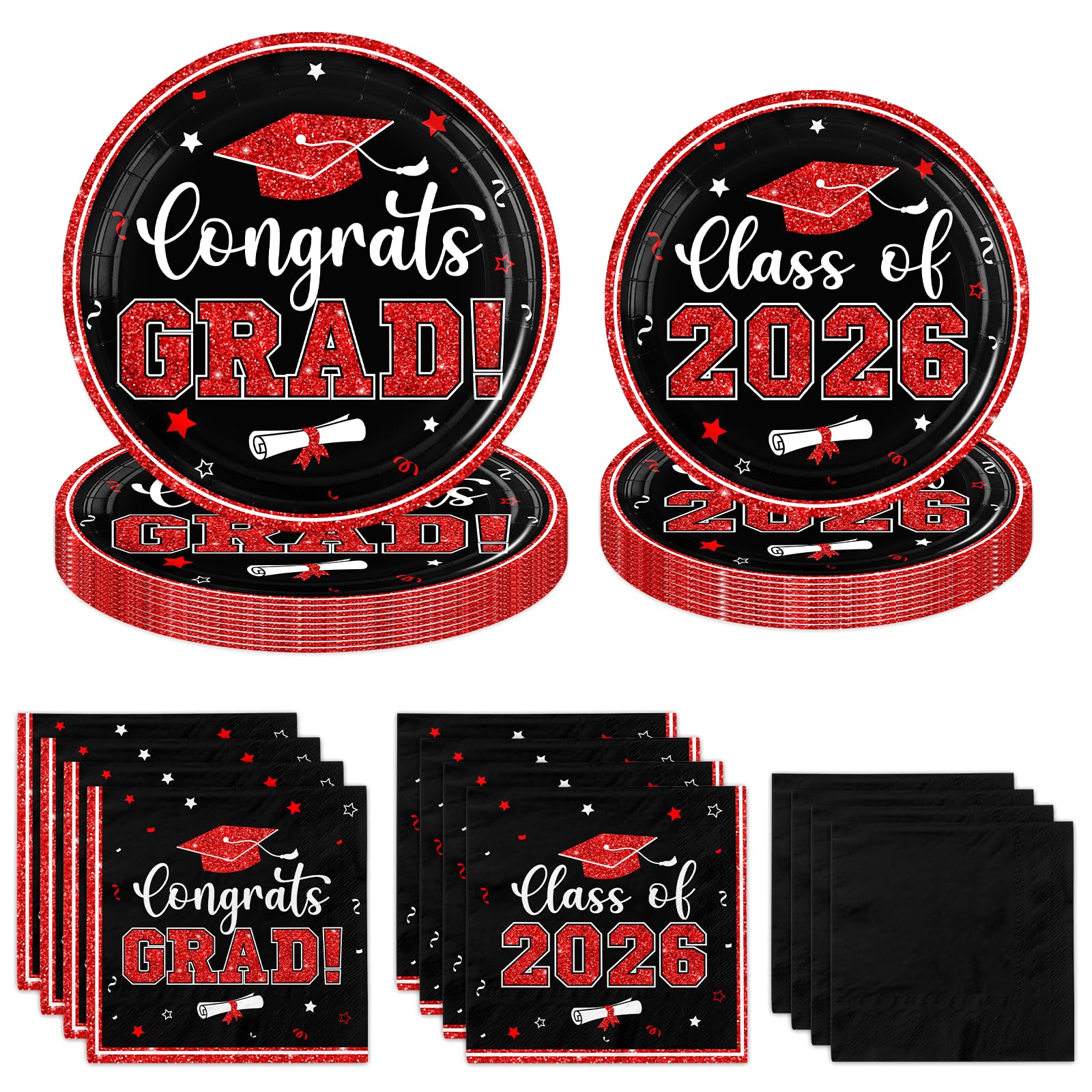 Graduation Plates and Napkins 2026,Red and Black Graduation Decorations 200pcs Graduation Paper Plates and Napkins Graduation Party Supplies for Graduation Party Decorations,Serve 50