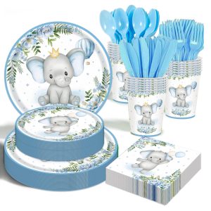 Elephant Baby Boy Shower Party Supplies - 175pcs Blue Elephant Party Decorations Paper Plates Napkins Cups and Utensils Tableware Sets Blue Floral Theme Birthday Party Tableware Set