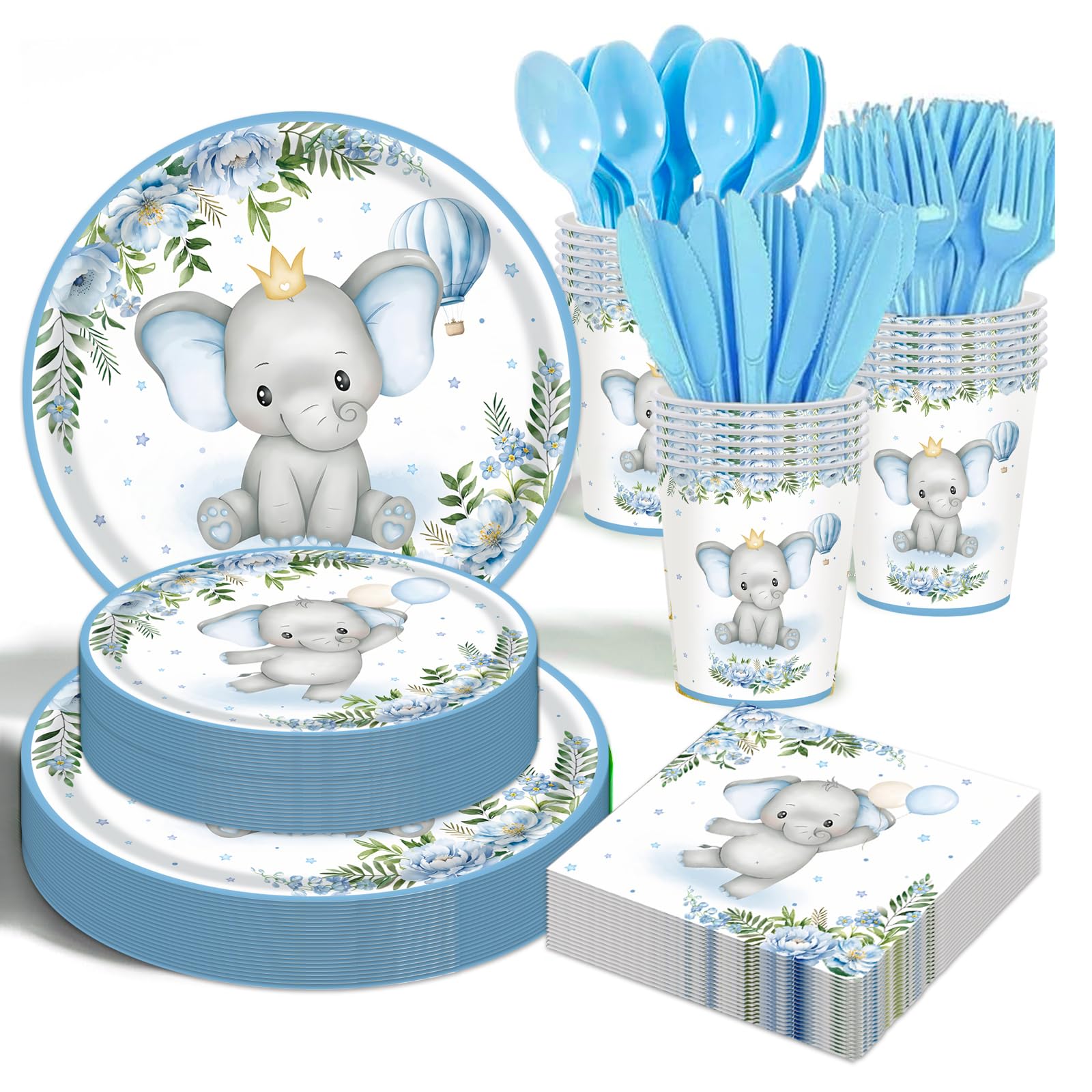 Elephant Baby Boy Shower Party Supplies - 175pcs Blue Elephant Party Decorations Paper Plates Napkins Cups and Utensils Tableware Sets Blue Floral Theme Birthday Party Tableware Set