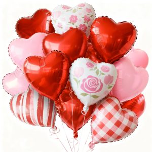 PartyWoo Pink White Valentine's Heart Foil Balloons 15pcs 18 Inch