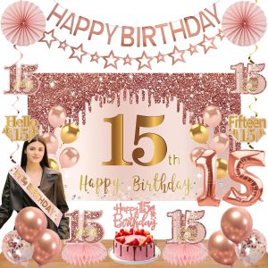 Turypaty Happy 15th Birthday Decorations Kit Girls, Pink 15 Party Supplies