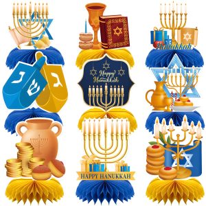 9 Pcs Hanukkah Honeycomb Centerpieces - Menorah, Dreidel, Star of David, Gelt and Festival of Lights Table Decorations for Jewish Holiday Parties, Family Dinners, and Classroom Celebrations
