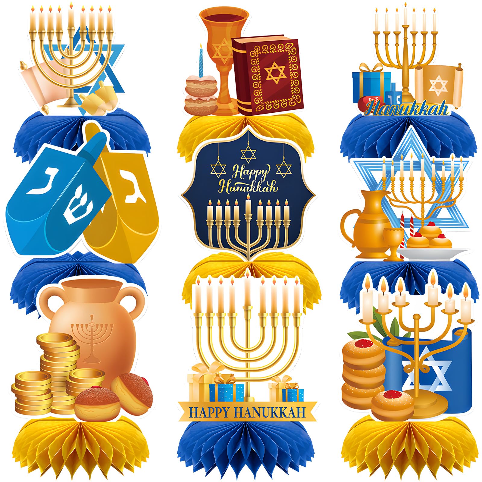 9 Pcs Hanukkah Honeycomb Centerpieces - Menorah, Dreidel, Star of David, Gelt and Festival of Lights Table Decorations for Jewish Holiday Parties, Family Dinners, and Classroom Celebrations