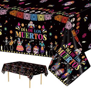 2 Pcs Day of The Dead Table Cloth - Plastic Dia De Los Muertos Tablecloth, Disposable Sugar Skull Floral Table Cover for Halloween Mexican Fiesta Party Decorations Supplies Favors, 108 x 54 Inch