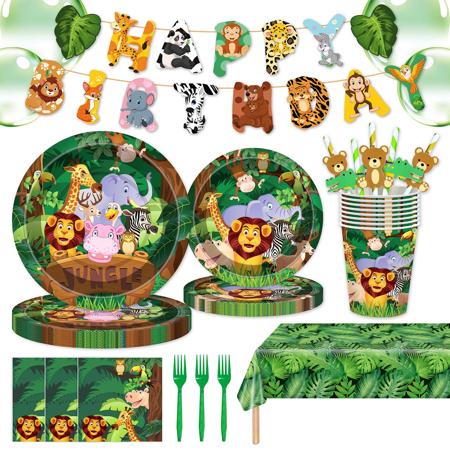 146Pcs Jungle Wild Animal Plates and Napkins Jungle Safari Party Supplies Includes Plates, Napkin, Fork, Cup, Straw, Tablecloth, Banner for Woodland Baby Shower Birthday Party Decorations, Serves 24