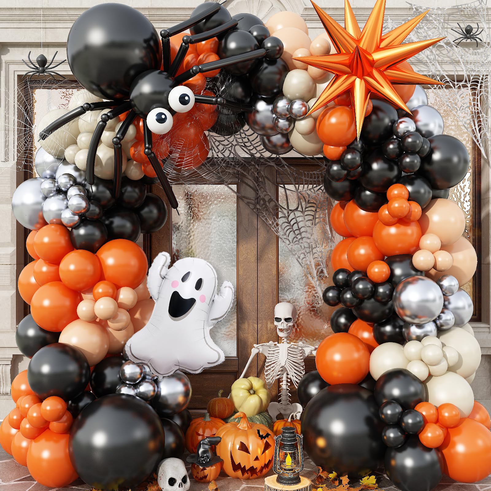 Halloween Balloons Garland Arch Kit, 132pcs Orange Silver Black Balloons, Spider Eye Balloon Ghost Orange Explosion Star Foil Balloon for Spooky One Horror Birthday Trick or Treat Party Decoration