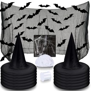 LINAYE 12Pcs Halloween Witch Hats Decorations with Spider Web,Creepy Cloth