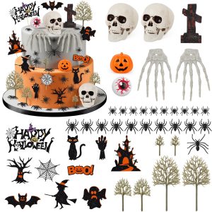 44PCS Halloween Cake Toppers with Spider Bat Castle Pumpkin Skull Head Hand