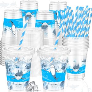 Teenyyou 50 Pcs 12 oz Disposable Plastic Cups with Straws, Lids and Leakproof Paper Clear Birthday Party Cups Supplies Birthday Table Decorations(Shark,Blue)