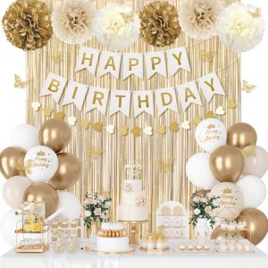 White and Gold Birthday Decorations for Women Girls with Butterfly Sticker | Gold White Sand Metallic Printed…