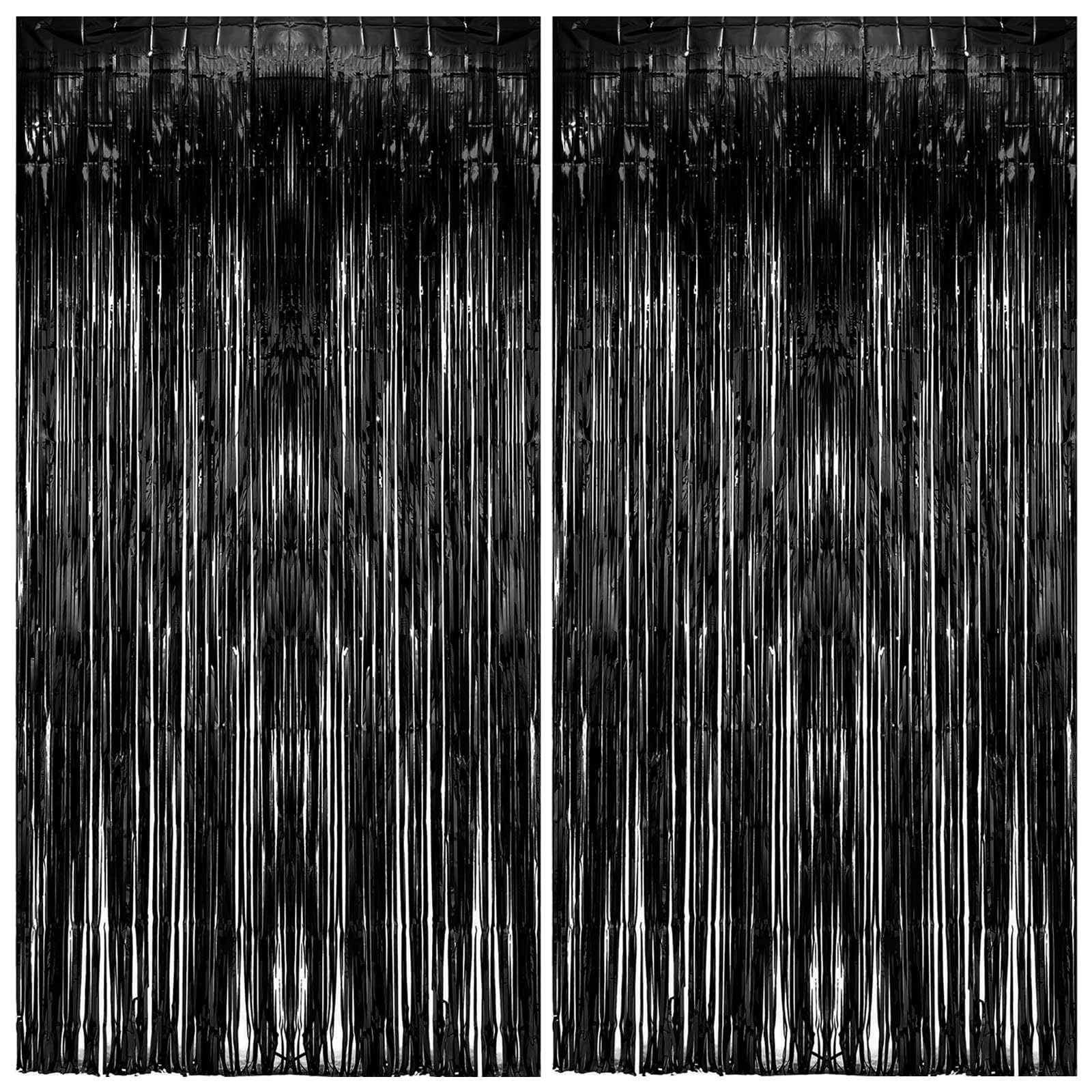 2 Pack Foil Curtain Backdrop Black Metallic Tinsel Foil Fringe Curtains Photo Booth Props for Birthday Wedding Engagement Baby Shower Bachelorette Christmas Holiday Celebration Party Decorations