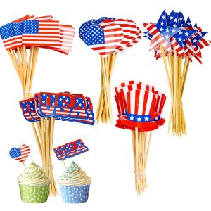 Uptotop 100 Pcs USA American Flag US Toothpick Flags, Mini Stick Cupcake Toppers, 4th of July, Veterans Day, Country Picks Party Decoration Celebration Cocktail Food Bar Cake Flag (5 Pattern)