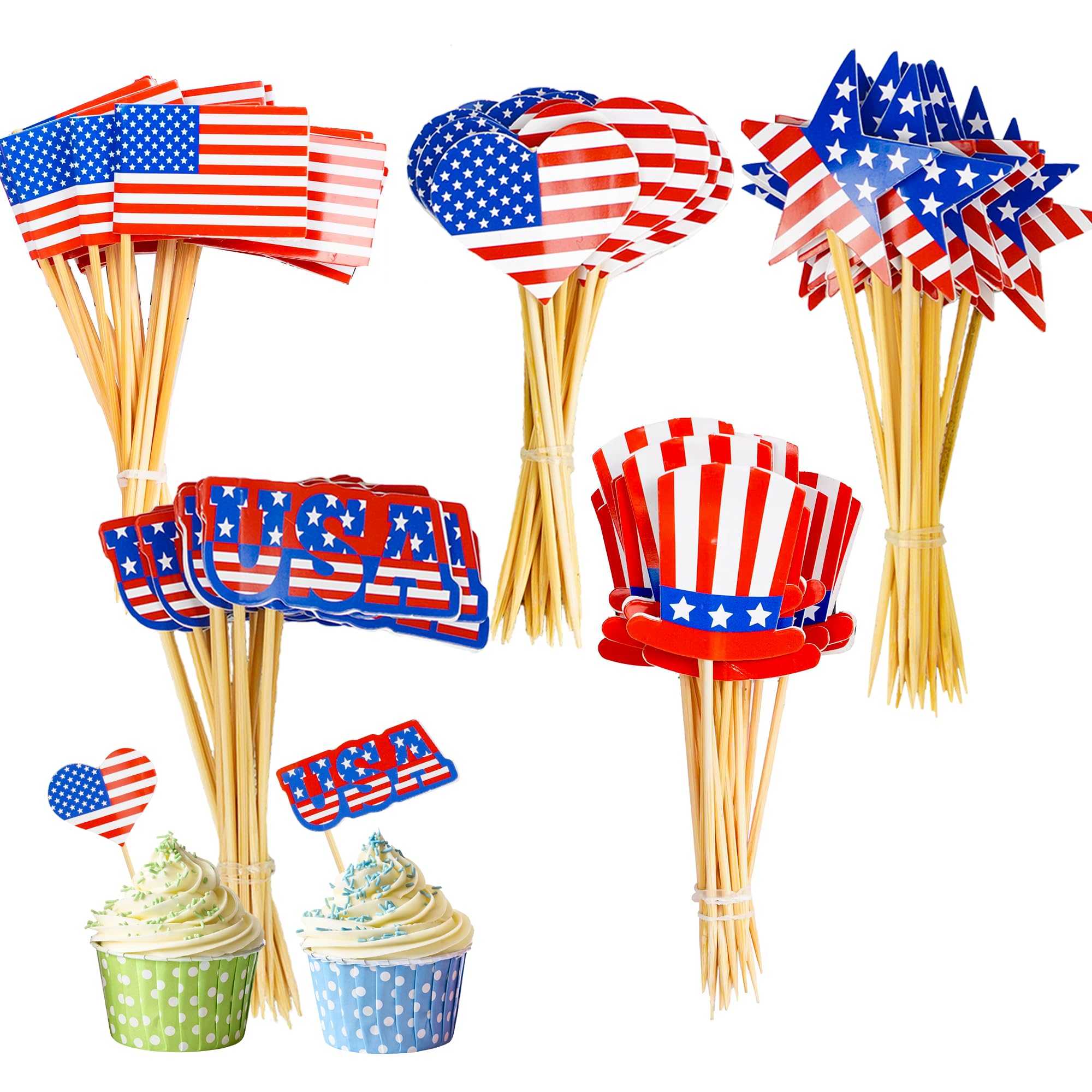 Uptotop 100 Pcs USA American Flag US Toothpick Flags, Mini Stick Cupcake Toppers, 4th of July, Veterans Day, Country Picks Party Decoration Celebration Cocktail Food Bar Cake Flag (5 Pattern)