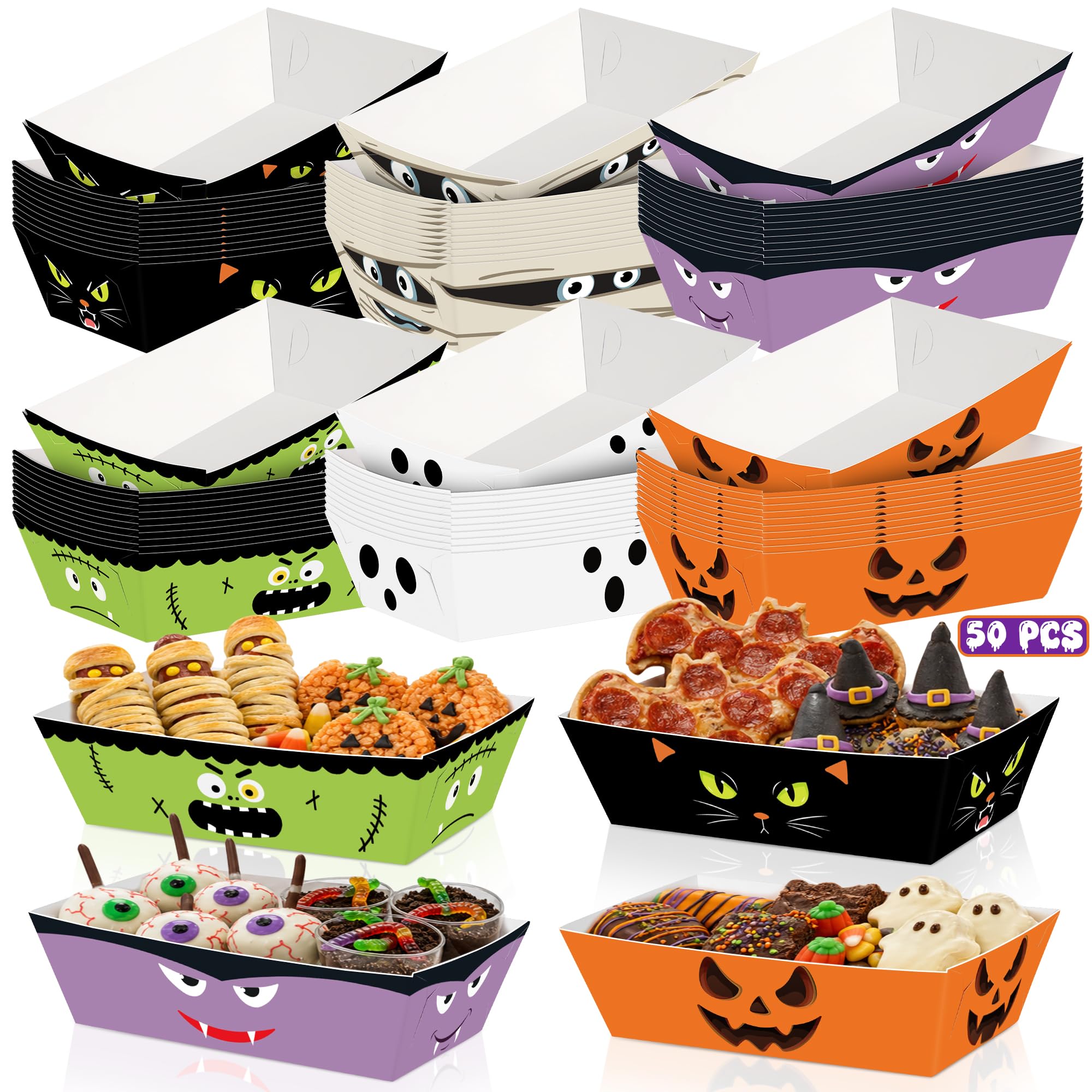 50 PCS Halloween Decorations, Fold-to-Assemble Halloween Paper Food Trays