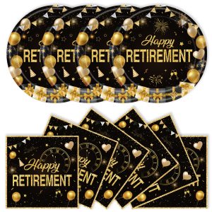 40Pcs Retirement Paper Plates and Napkins Party Supplies, Disposable Happy Retirement Decorations Party Plates Napkins Black Gold Tableware Set for Men Women