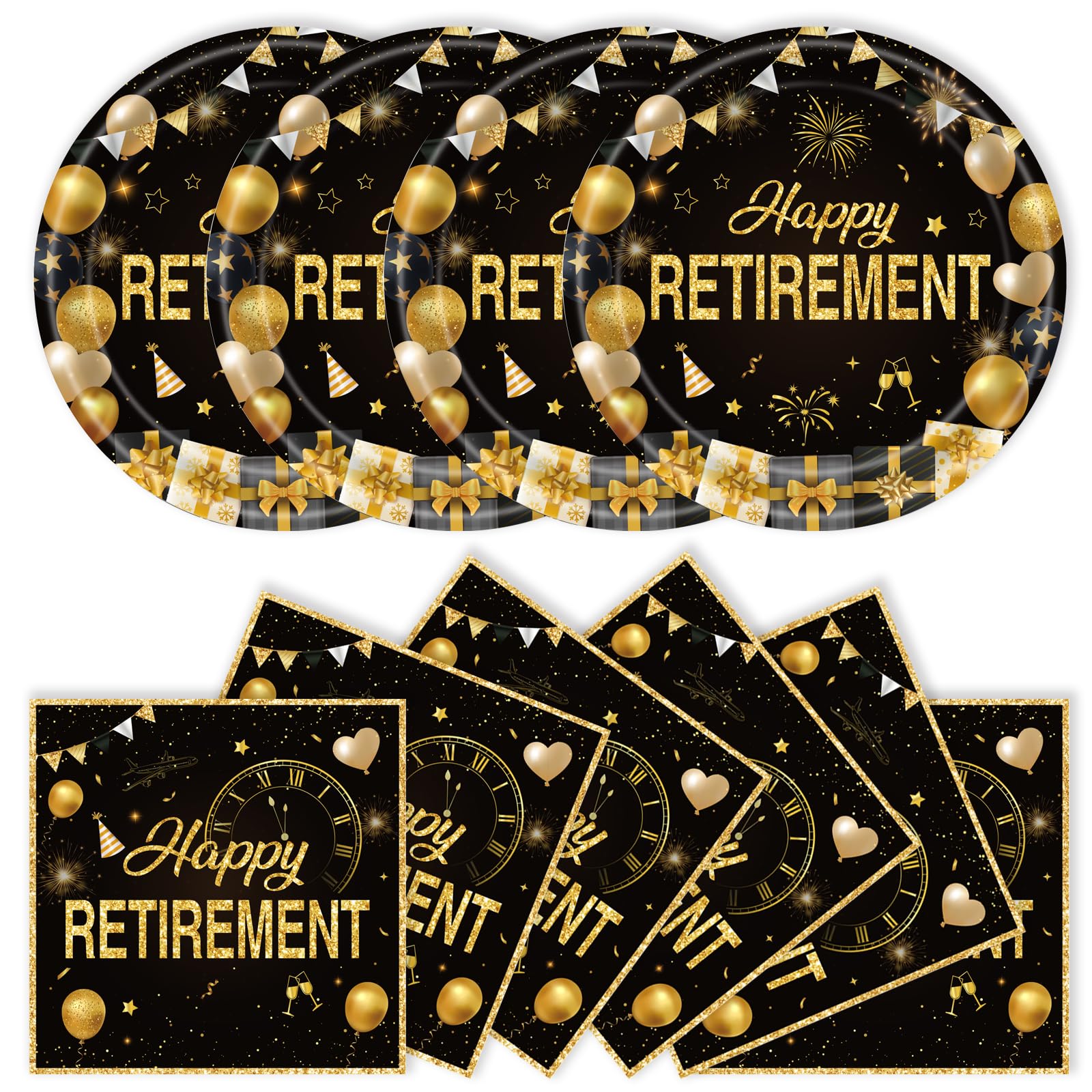 40Pcs Retirement Paper Plates and Napkins Party Supplies, Disposable Happy Retirement Decorations Party Plates Napkins Black Gold Tableware Set for Men Women
