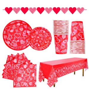 Gatherfun Valentine's Day Party Supplies Hot Heart Love Disposable Paper Plates Napkins Cups plastic Tablecloth with Banner for Valentine's Day, Engagements, Anniversary, Birthday Party Serve 25