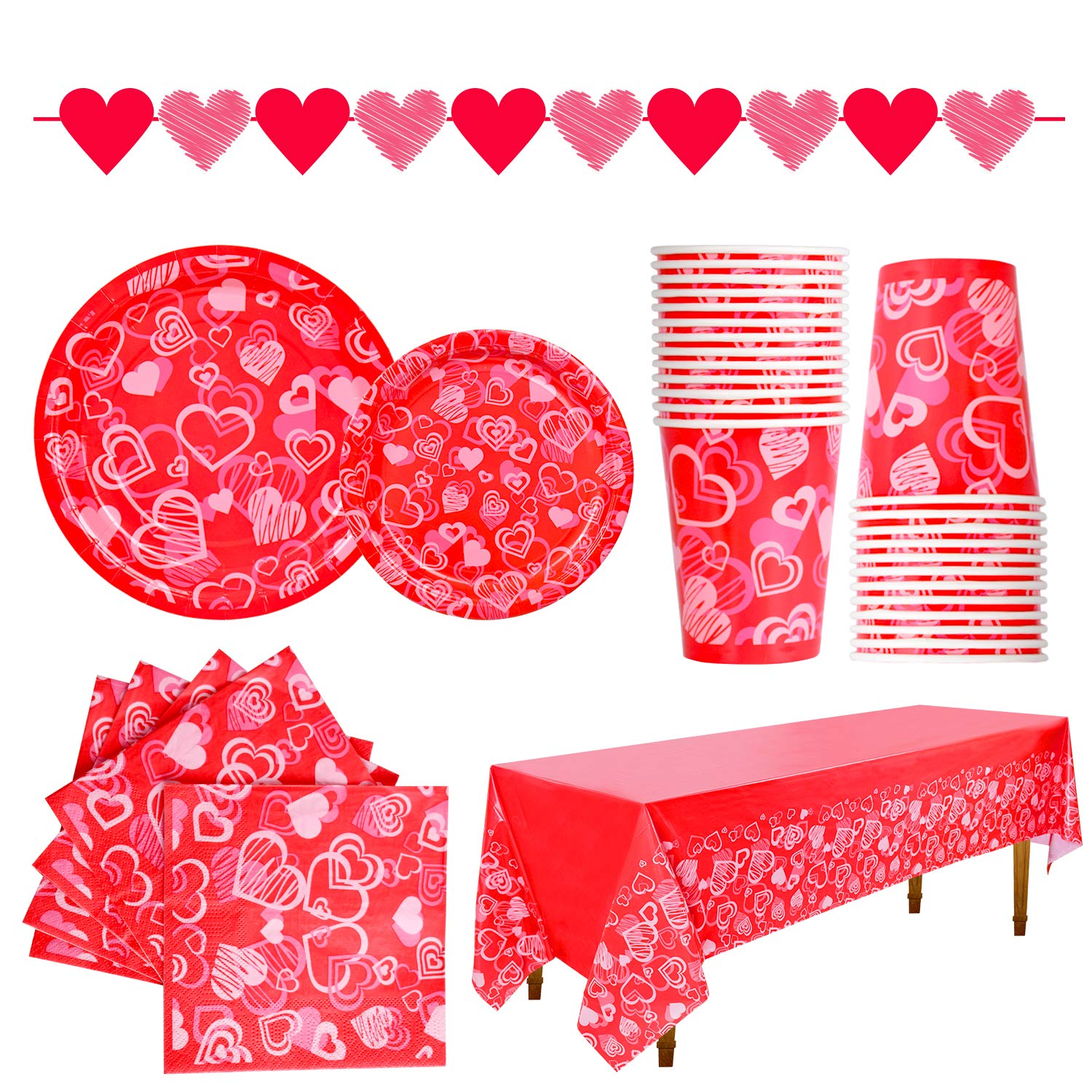 Gatherfun Valentine's Day Party Supplies Hot Heart Love Disposable Paper Plates Napkins Cups plastic Tablecloth with Banner for Valentine's Day, Engagements, Anniversary, Birthday Party Serve 25