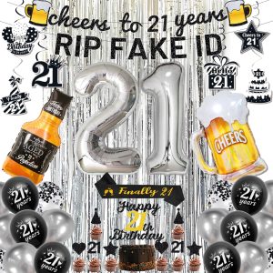 21st Birthday Decorations for Him, 21st Birthday Party Decorations Black and Silver Decorations with Siver 30 Number Balloons,Cheers to 21 Years Banner for Men Happy 21 Birthday Decorations for Her