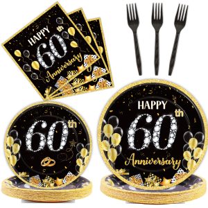 chiazllta 96 Pcs 60th Wedding Anniversary Party Paper Plate and Napkins Supplies Gold Black Disposable Tableware Anniversary Party Paper Plates Napkins Supplies for Party Favors 24 Guests