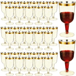 CHENGU 100 Pcs Plastic Wine Glasses 7 oz Gold Rimmed Mini Stemware with Removable Base for Wedding Parties Birthday Anniversary Champagne Toasting(Gold Powder)
