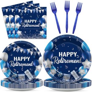 gisgfim 96 Pcs Retirement Plates and Napkins Party Supplies Paper Happy Retirement Party Tableware Set Blue Silver Decorations Favors for Men Women for 24 Guests