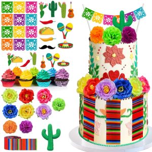 HAVAGDTM Mexican Fiesta Cake Topper Mini Mexican Papel Picado Banner Cactus Pepper Sombrero and Flower Cake Decor for Mexican Themed Party Decorations