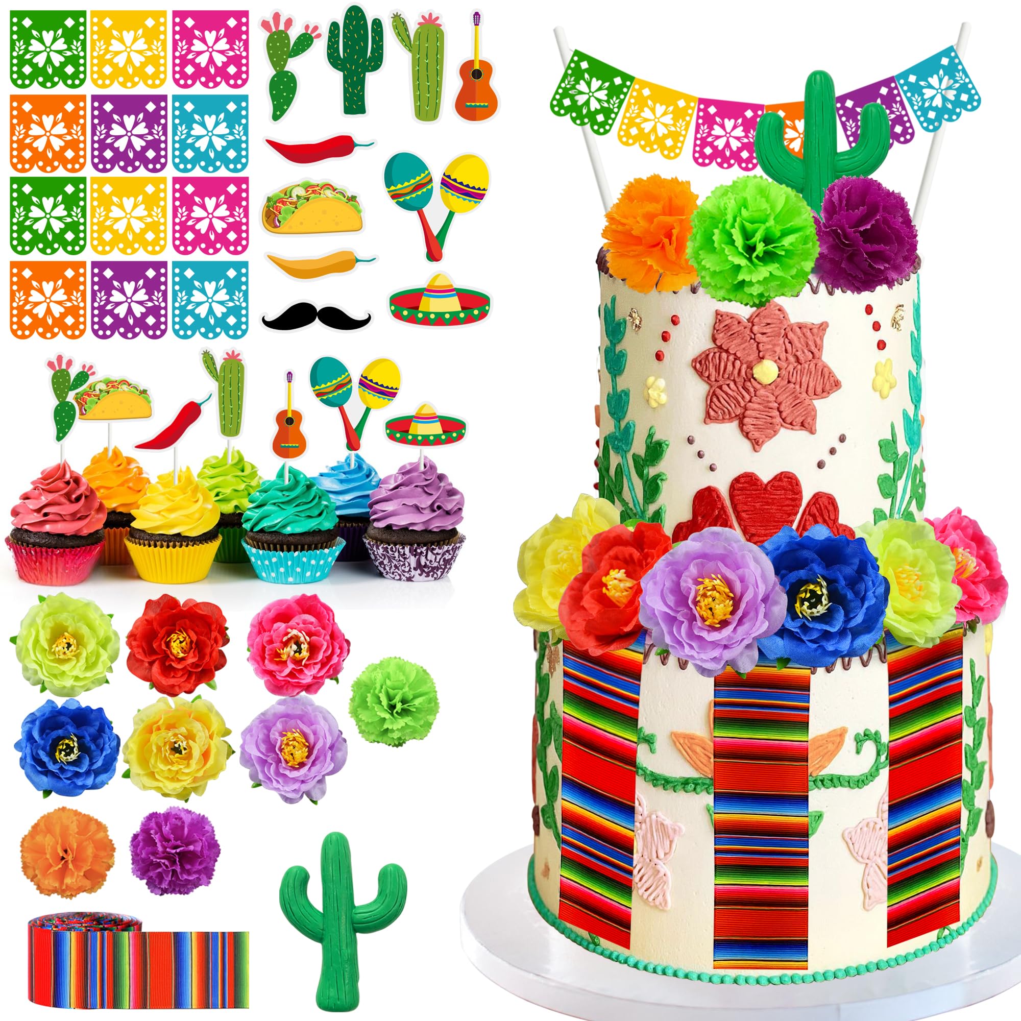 HAVAGDTM Mexican Fiesta Cake Topper Mini Mexican Papel Picado Banner Cactus Pepper Sombrero and Flower Cake Decor for Mexican Themed Party Decorations
