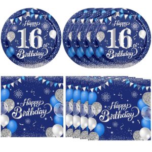 16th Birthday Decorations for Boys16th Birthday Party Tableware Set 16 Years Old Birthday Party Dessert Plates Napkins Blue and Silver Happy 16th Birthday Party Decorations Supplies for Boys Girls