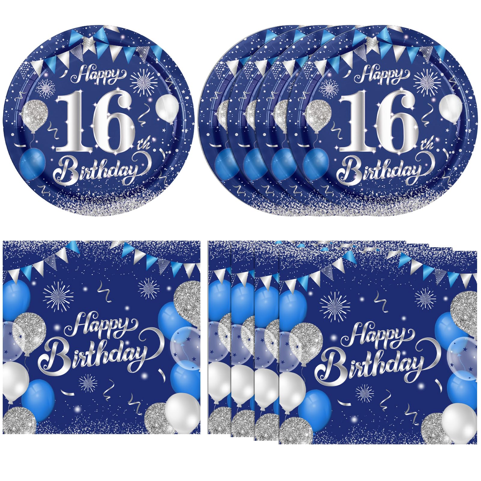 16th Birthday Decorations for Boys16th Birthday Party Tableware Set 16 Years Old Birthday Party Dessert Plates Napkins Blue and Silver Happy 16th Birthday Party Decorations Supplies for Boys Girls