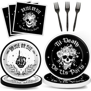 96pcs Bride or Die Bachelorette Party Plates and Napkins, Till Death Let's Birthday Decorations for Bridal Shower Party Dessert Plates, Halloween Bachelor Birthday Tableware Decor, Serves 24